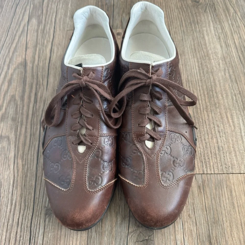 Gucci Men's Brown Leather Monogram Sneakers Size 8.5